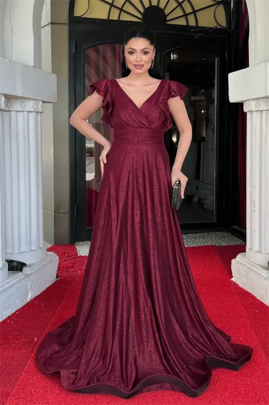 Simli Krep Kumaş Omuz Volanlı Abiye Elbise - BORDO - 2