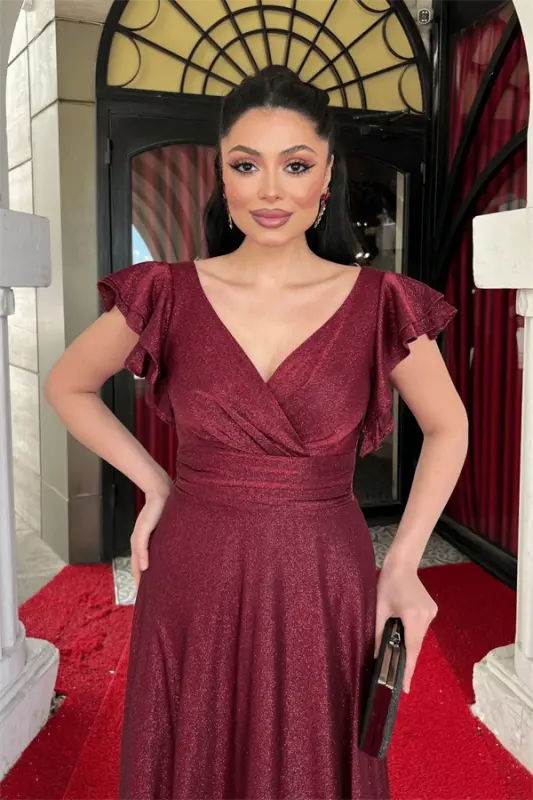 Simli Krep Kumaş Omuz Volanlı Abiye Elbise - BORDO - 3