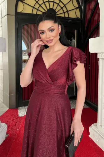 Simli Krep Kumaş Omuz Volanlı Abiye Elbise - BORDO - 4