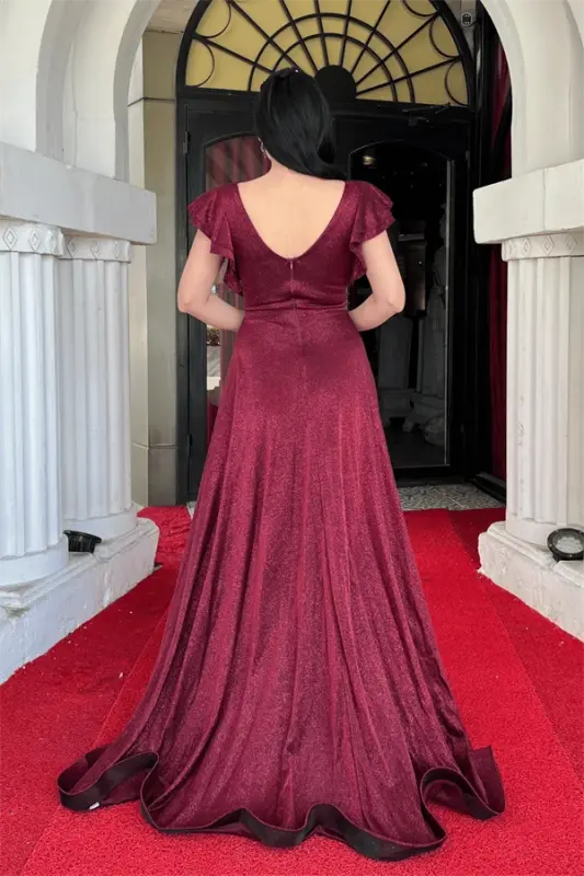 Simli Krep Kumaş Omuz Volanlı Abiye Elbise - BORDO - 5