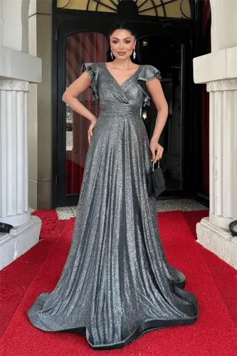 Simli Krep Kumaş Omuz Volanlı Abiye Elbise - GÜMÜŞ - BÜYÜKBEDENIZ (1)