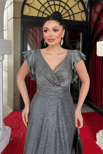 Simli Krep Kumaş Omuz Volanlı Abiye Elbise - GÜMÜŞ - 3