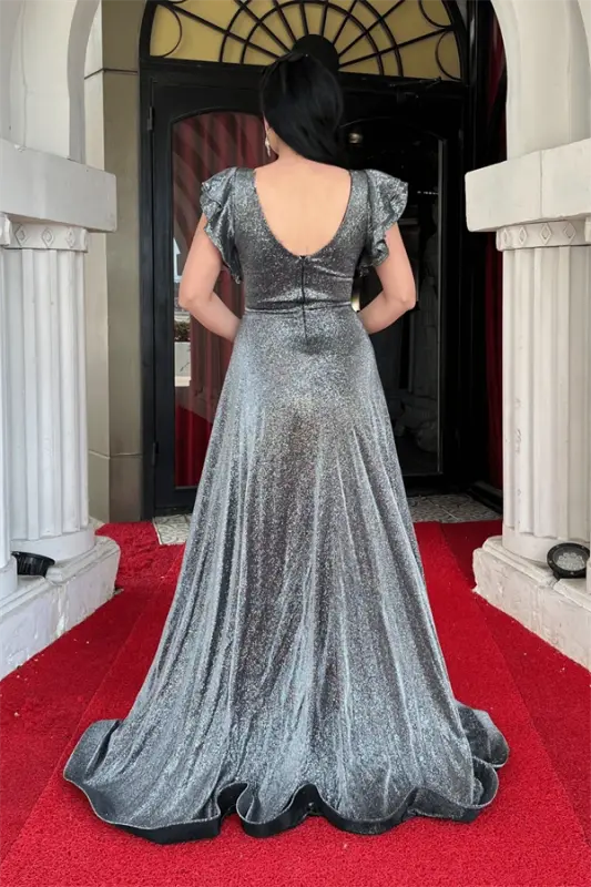 Simli Krep Kumaş Omuz Volanlı Abiye Elbise - GÜMÜŞ - 5