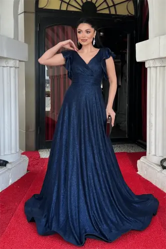 Simli Krep Kumaş Omuz Volanlı Abiye Elbise - LACİVERT - BÜYÜKBEDENIZ (1)