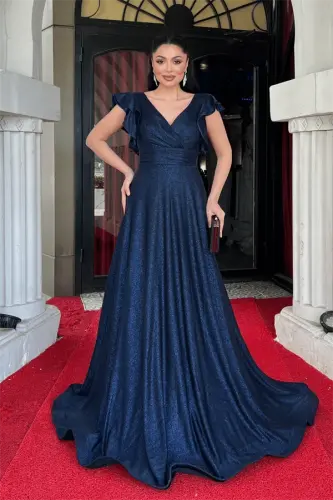 Simli Krep Kumaş Omuz Volanlı Abiye Elbise - LACİVERT - 1