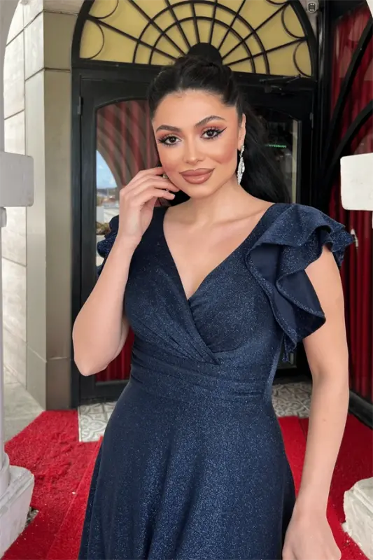 Simli Krep Kumaş Omuz Volanlı Abiye Elbise - LACİVERT - 3