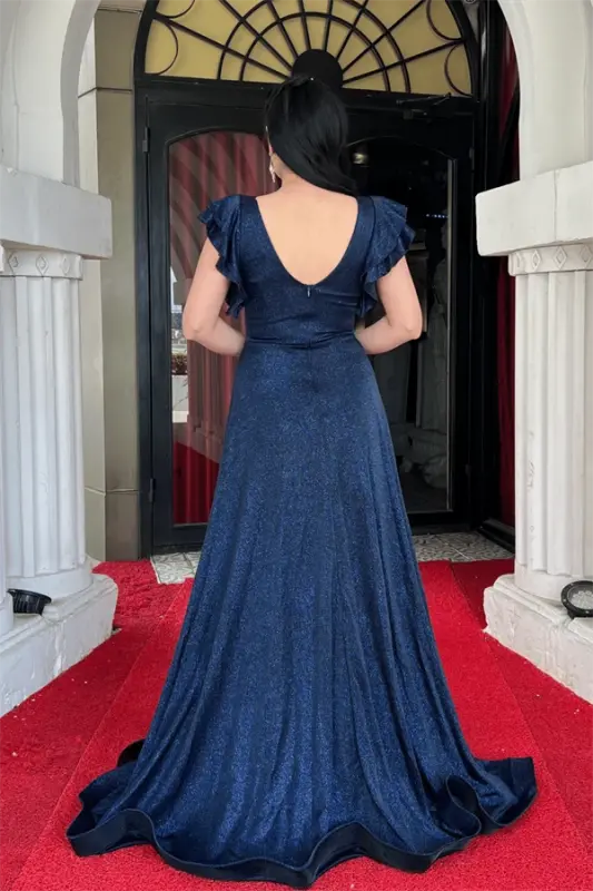 Simli Krep Kumaş Omuz Volanlı Abiye Elbise - LACİVERT - 5