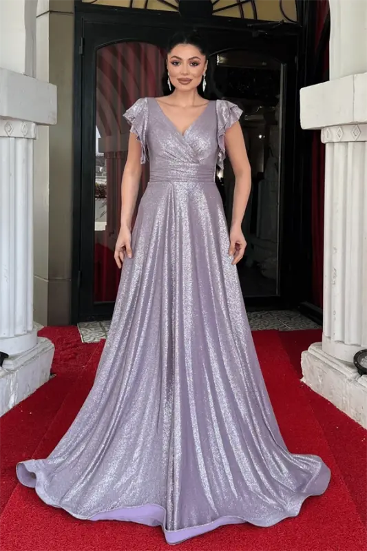 Simli Krep Kumaş Omuz Volanlı Abiye Elbise - LİLA - BÜYÜKBEDENIZ