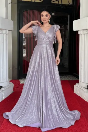 Simli Krep Kumaş Omuz Volanlı Abiye Elbise - LİLA - BÜYÜKBEDENIZ (1)