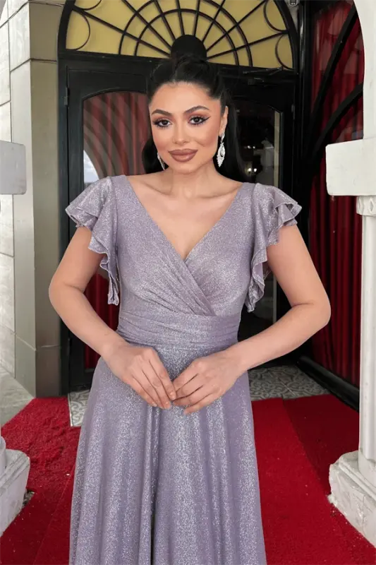 Simli Krep Kumaş Omuz Volanlı Abiye Elbise - LİLA - 3