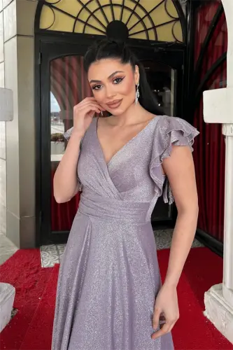 Simli Krep Kumaş Omuz Volanlı Abiye Elbise - LİLA - 4