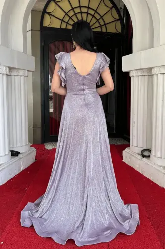 Simli Krep Kumaş Omuz Volanlı Abiye Elbise - LİLA - 5