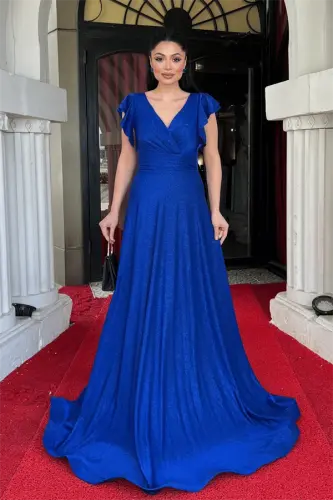 Simli Krep Kumaş Omuz Volanlı Abiye Elbise - SAKS MAVİ - 1