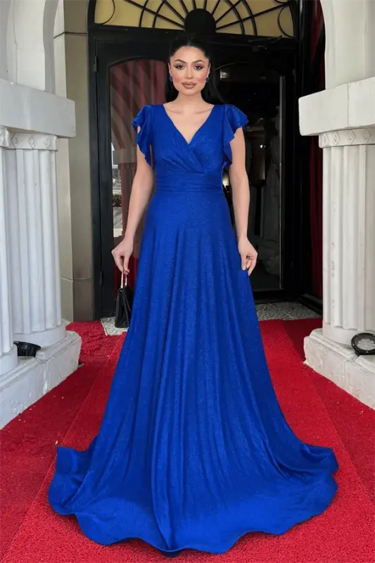 Simli Krep Kumaş Omuz Volanlı Abiye Elbise - SAKS MAVİ - 1