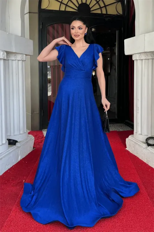 Simli Krep Kumaş Omuz Volanlı Abiye Elbise - SAKS MAVİ - 2