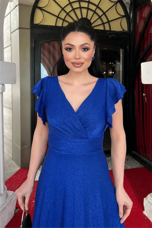 Simli Krep Kumaş Omuz Volanlı Abiye Elbise - SAKS MAVİ - 3