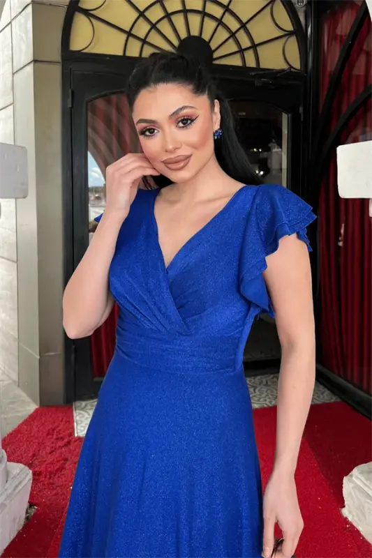 Simli Krep Kumaş Omuz Volanlı Abiye Elbise - SAKS MAVİ - 4