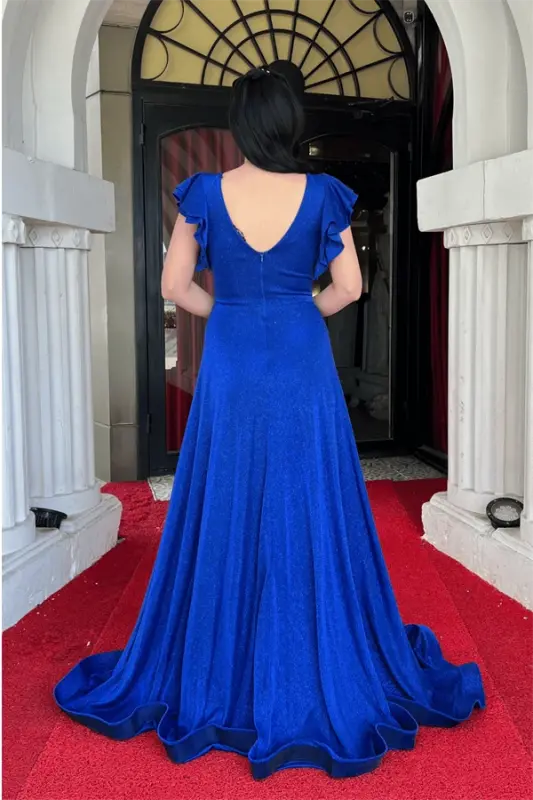 Simli Krep Kumaş Omuz Volanlı Abiye Elbise - SAKS MAVİ - 5