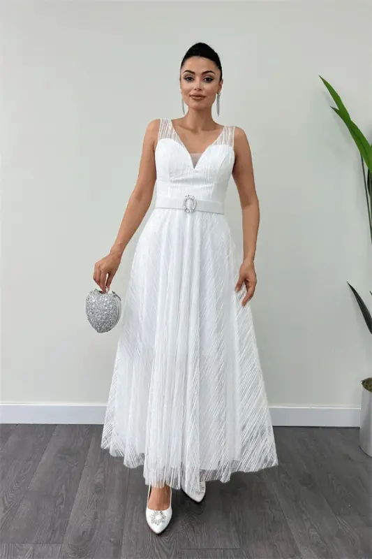 Simli Kumaş Askılı Midi Elbise - BEYAZ - 2