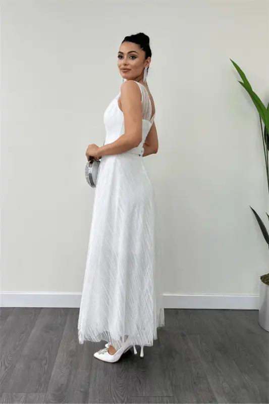 Simli Kumaş Askılı Midi Elbise - BEYAZ - 5
