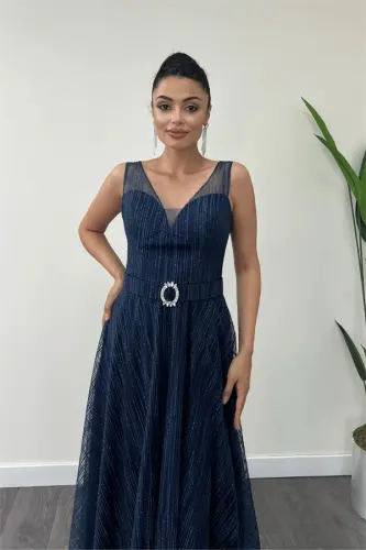 Simli Kumaş Askılı Midi Elbise - LACİVERT - 1