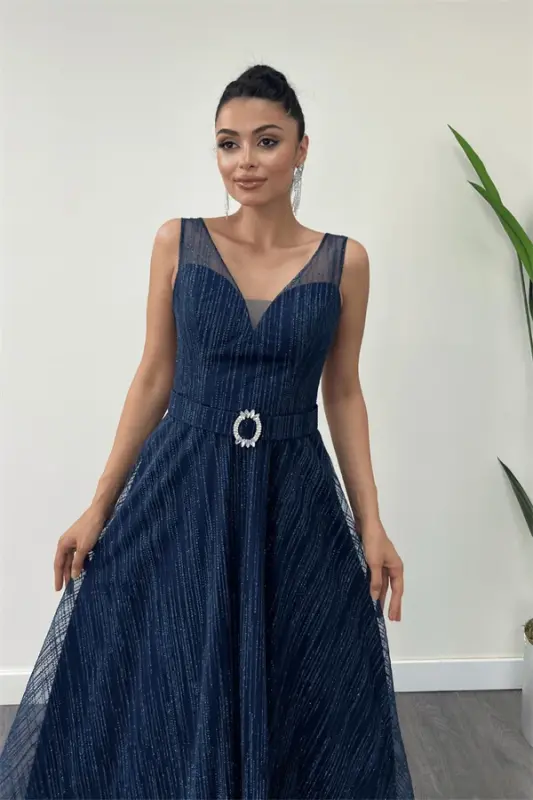 Simli Kumaş Askılı Midi Elbise - LACİVERT - 2