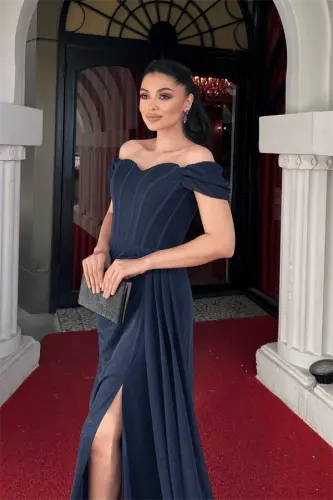 Simli Kumaş Balen Detaylı Abiye Elbise - LACİVERT - 4