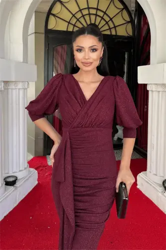 Simli Kumaş Balık Model Volan Detaylı Abiye Elbise - BORDO - 3