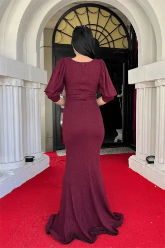 Simli Kumaş Balık Model Volan Detaylı Abiye Elbise - BORDO - 5