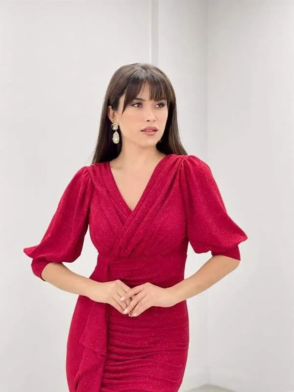Simli Kumaş Balık Model Volan Detaylı Abiye Elbise - KIRMIZI - 4