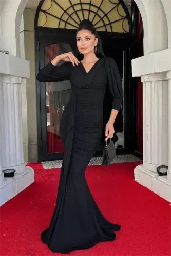 Simli Kumaş Balık Model Volan Detaylı Abiye Elbise - SİYAH - BÜYÜKBEDENIZ (1)