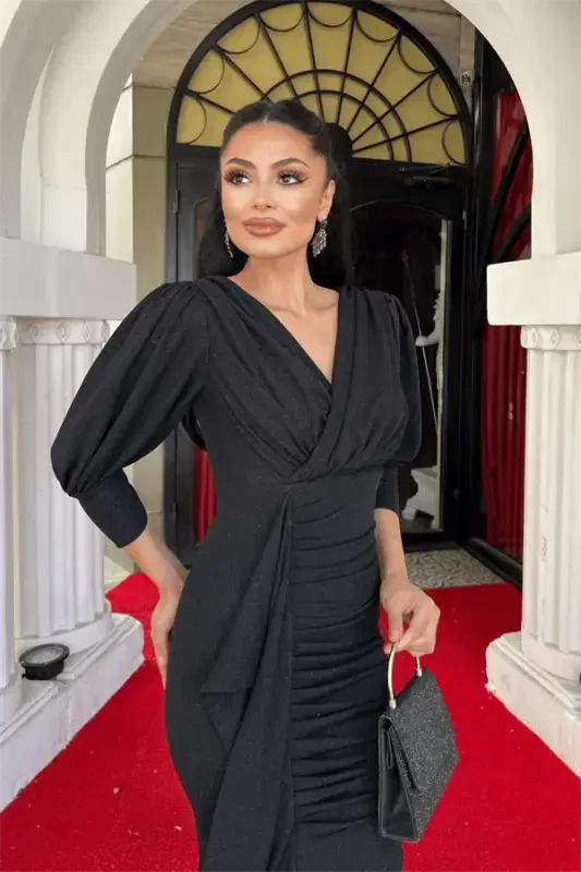 Simli Kumaş Balık Model Volan Detaylı Abiye Elbise - SİYAH - 3