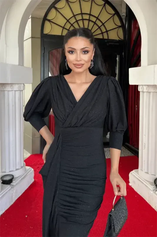 Simli Kumaş Balık Model Volan Detaylı Abiye Elbise - SİYAH - 4