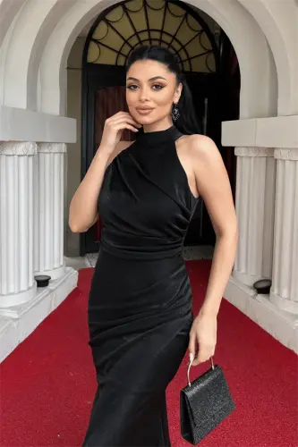 Simli Kumaş Boyundan Bağlamalı Balık Elbise - SİYAH - 4