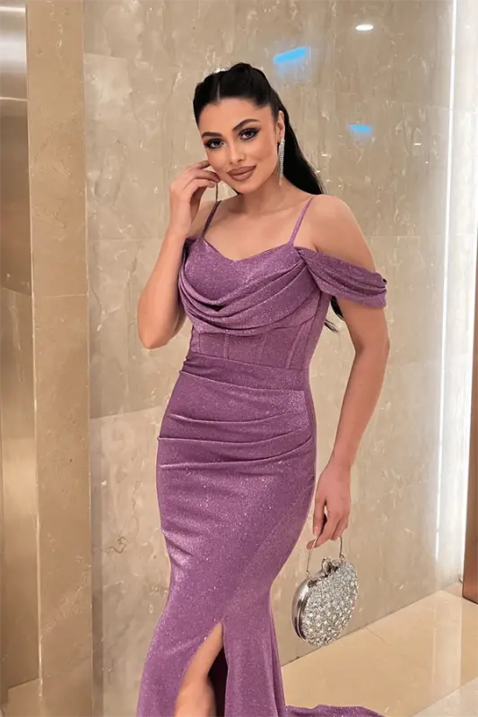 Simli Kumaş Degaje Yaka Abiye Elbise - LİLA - 4