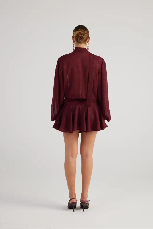 Simli Kumaş Fırfırlı Mini Vanesa Elbise Bordo - Bordo - 12