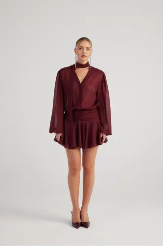 Simli Kumaş Fırfırlı Mini Vanesa Elbise Bordo - Bordo 