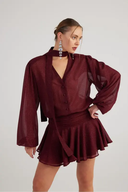 Simli Kumaş Fırfırlı Mini Vanesa Elbise Bordo - Bordo - 4