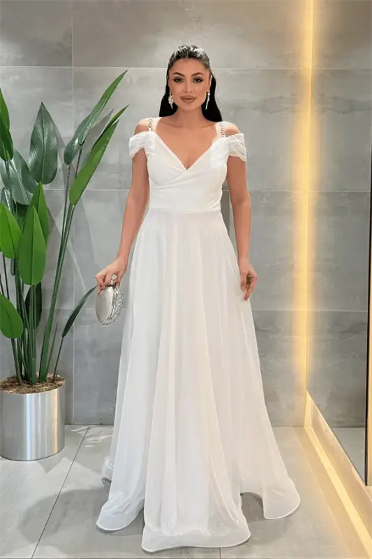 Simli Kumaş Kayık Yaka Abiye Elbise - BEYAZ - BÜYÜKBEDENIZ