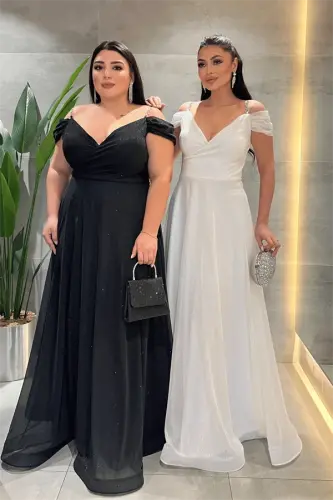 Simli Kumaş Kayık Yaka Abiye Elbise - BEYAZ - BÜYÜKBEDENIZ (1)