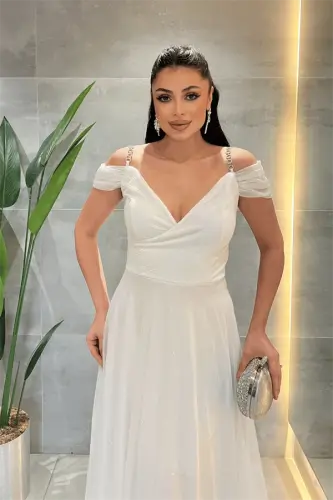 Simli Kumaş Kayık Yaka Abiye Elbise - BEYAZ - 3