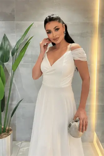 Simli Kumaş Kayık Yaka Abiye Elbise - BEYAZ - 4