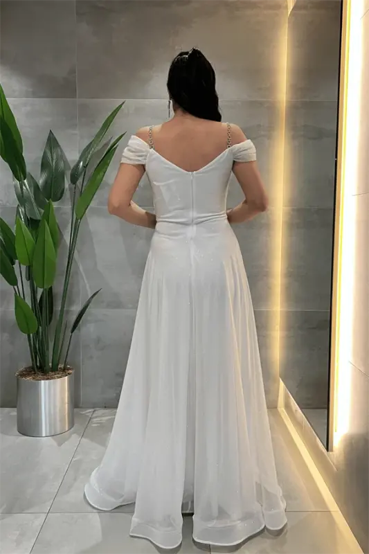 Simli Kumaş Kayık Yaka Abiye Elbise - BEYAZ - 5