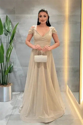 Simli Kumaş Kayık Yaka Abiye Elbise - GOLD - 1