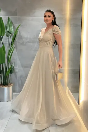 Simli Kumaş Kayık Yaka Abiye Elbise - GOLD - 2