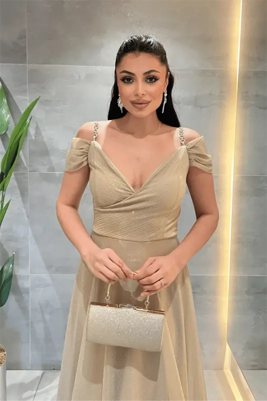 Simli Kumaş Kayık Yaka Abiye Elbise - GOLD - 3