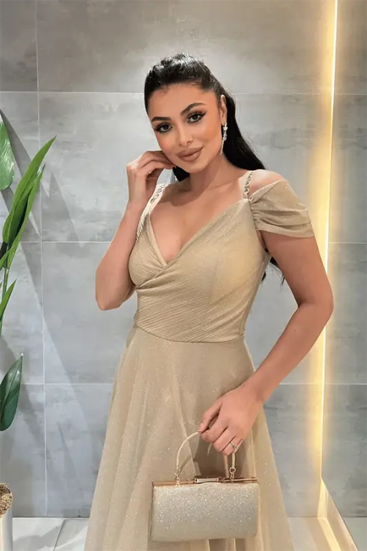 Simli Kumaş Kayık Yaka Abiye Elbise - GOLD - 4