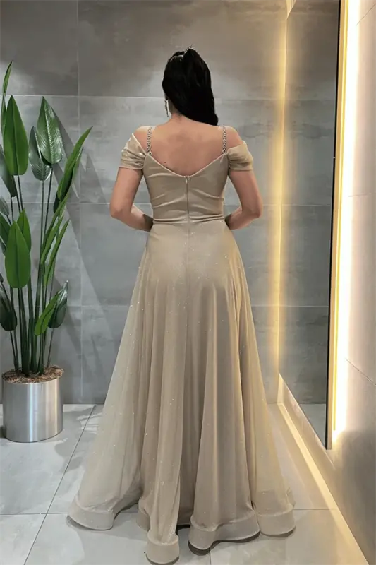 Simli Kumaş Kayık Yaka Abiye Elbise - GOLD - 5