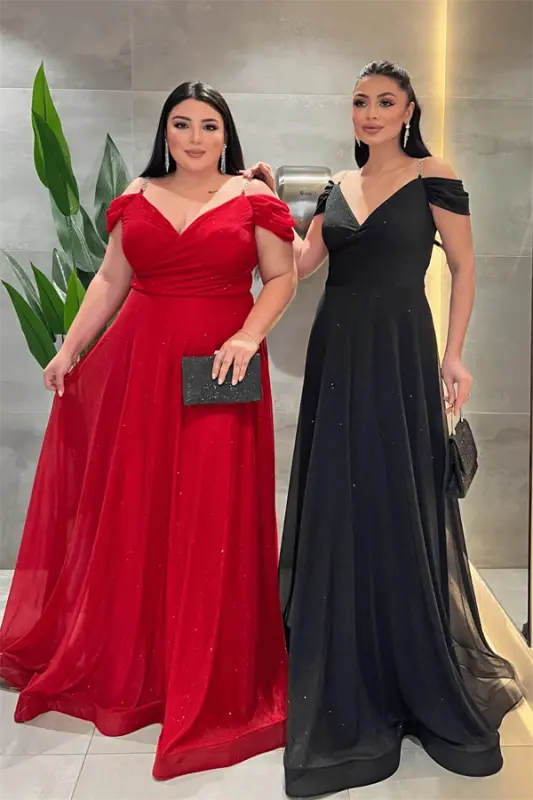 Simli Kumaş Kayık Yaka Abiye Elbise - KIRMIZI - BÜYÜKBEDENIZ