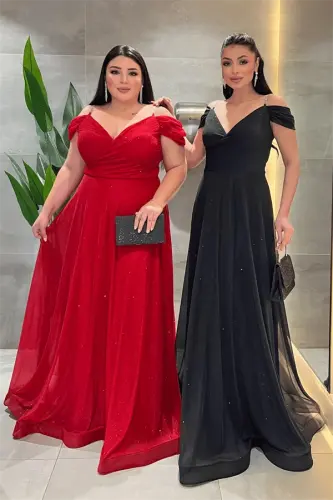 Simli Kumaş Kayık Yaka Abiye Elbise - KIRMIZI - BÜYÜKBEDENIZ (1)